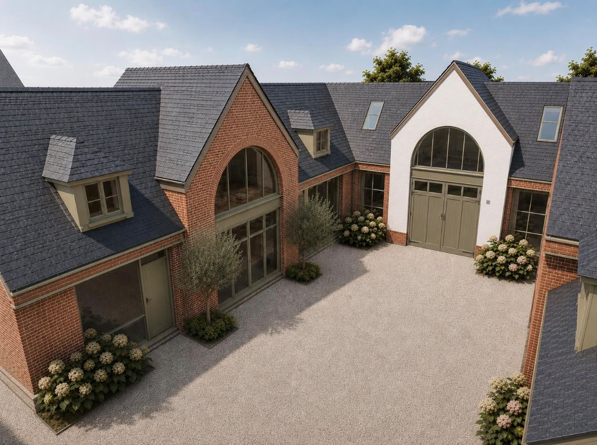 Render of the gated Loder Mews courtyard in Salisbury, with red brick and rendered homes, arched timber windows and slate roofs